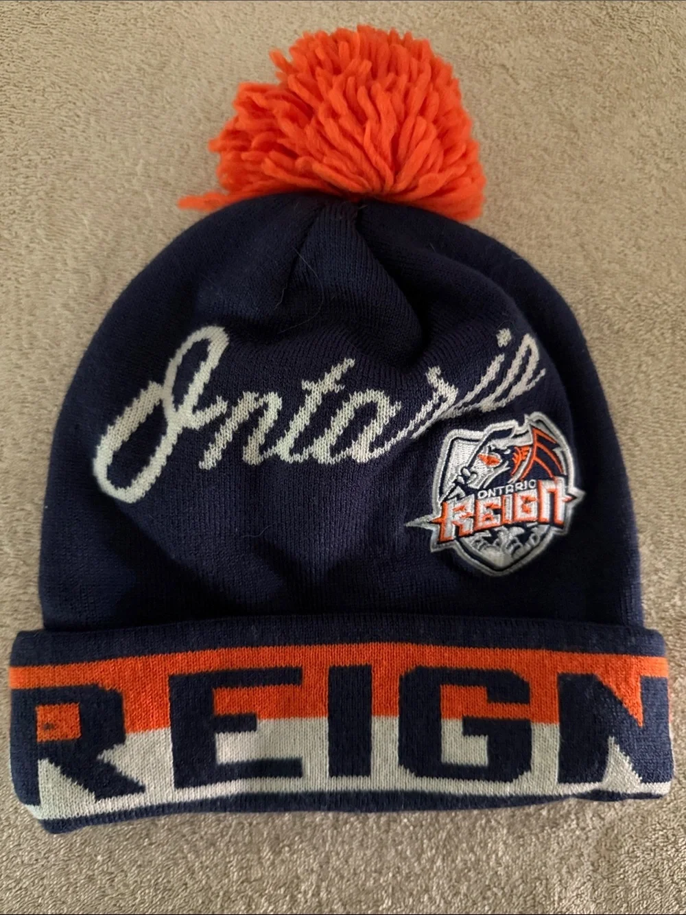 CCM Navy White and Orange Ontario Reign Pom Beanie